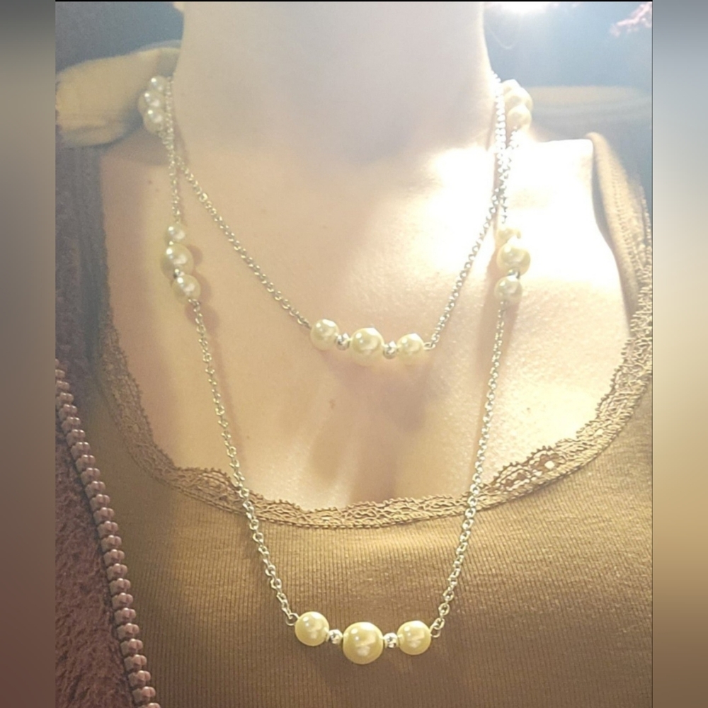 44 inch silver pearl long necklace vintage fashion